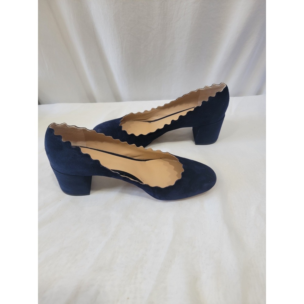 Chloé Women's Pumps Navy Suede Size 37 US 7 Scalloped Block Heel
